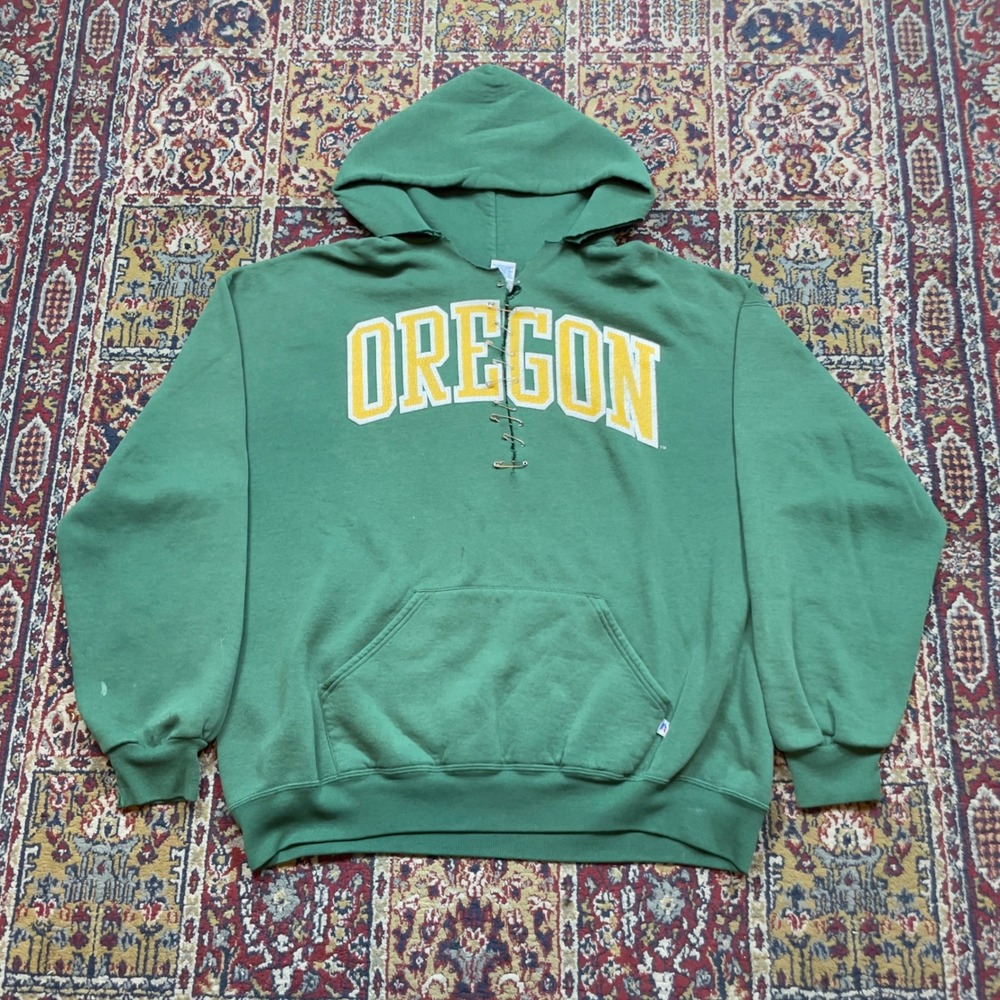 VTG 90s Russell Athletic Oregon Ducks Safety Pin Hoodie Green Faded XXL USA